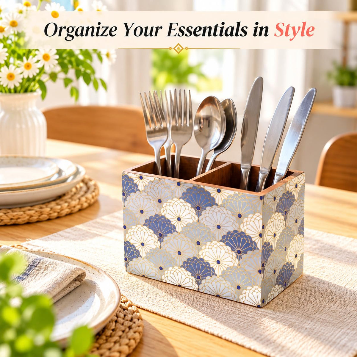 HOKIPO Cutlery Holder for Dining Table, Engineered Wood, Indigo Flora - image 2