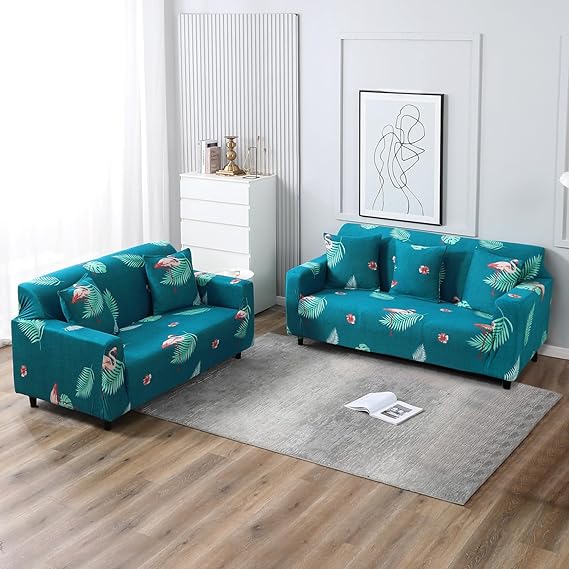 Elastic Stretchable Printed Sofa Cover, Teal Feathers