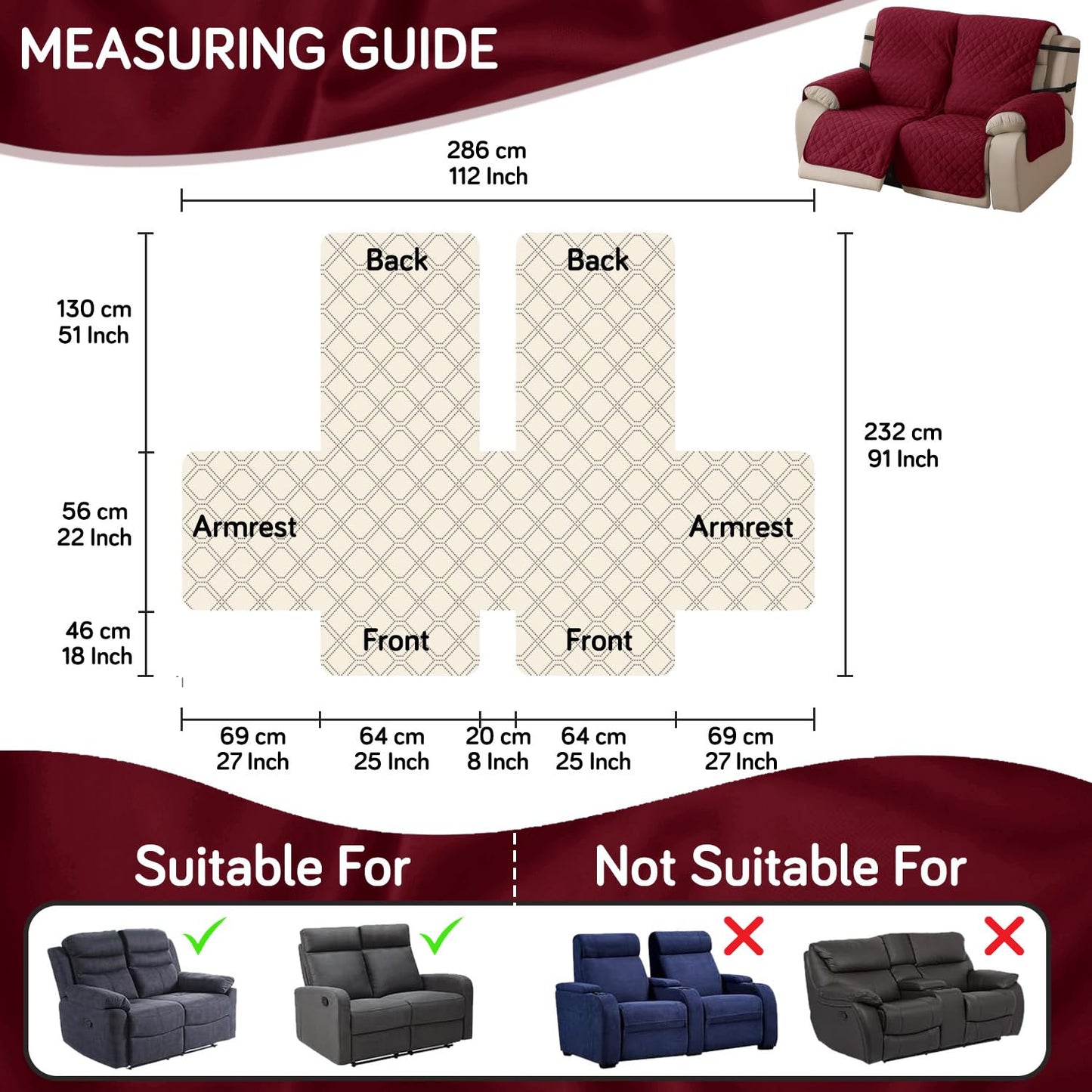 UrbanQuilt Recliner Sofa Slipcover Mat with Dual Belt for 1/2/3 Seater - Maroon