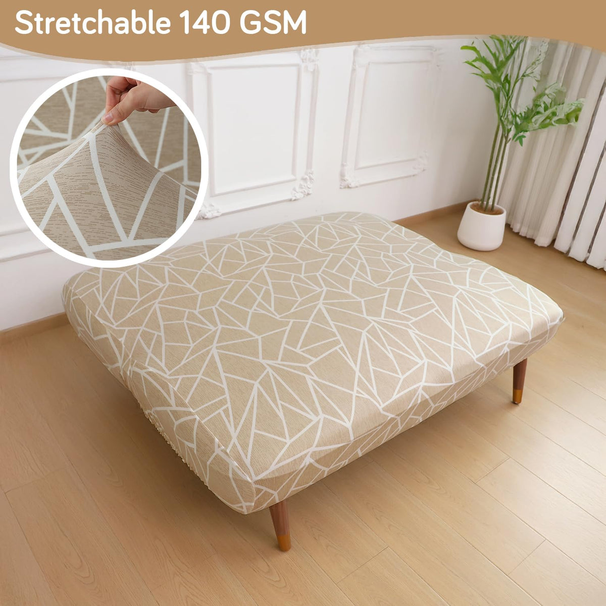 Buy Beige Abstract Geometry Printed 140 GSM Stretchable Sofa Cum Bed Cover for Futon - HOKIPO