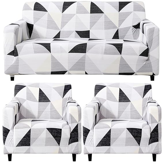 Elastic Stretchable Printed Sofa Cover, Black Grey Geometric