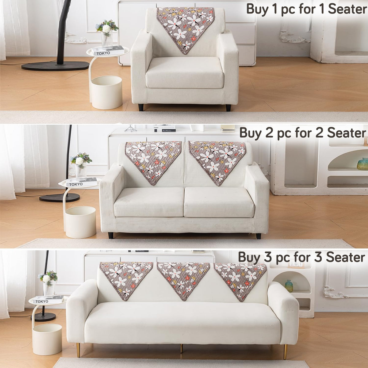 'Homehues' Printed Quilted Sofa Cover Mats, Pastel Brown Sandwort Flower