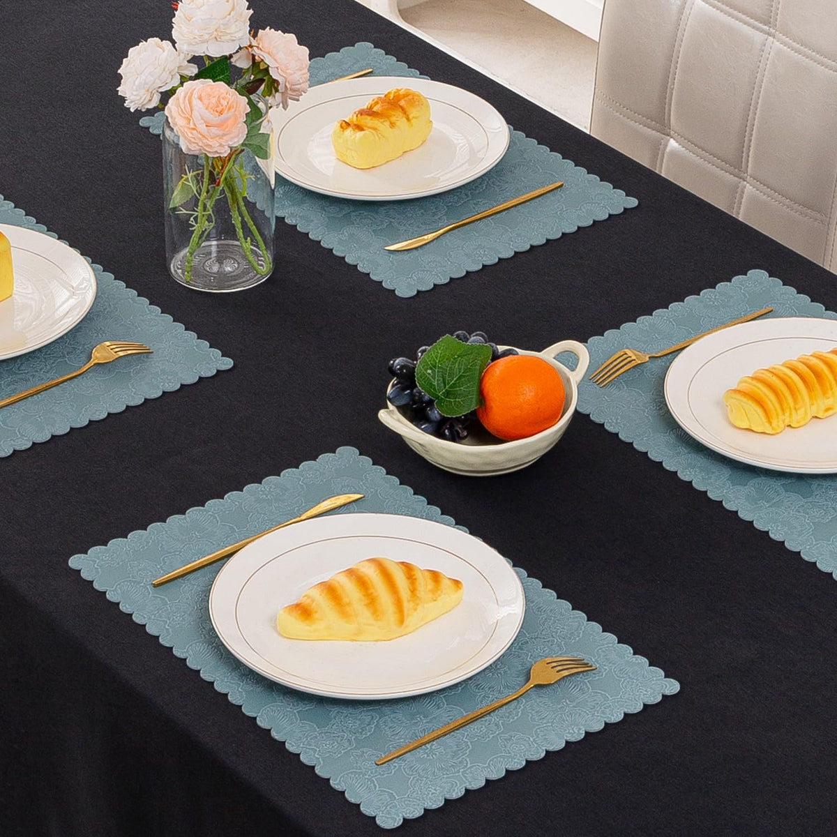 Florista Blush Royal Luxe Faux Leather Mats for Dining Table - Spirit Blue