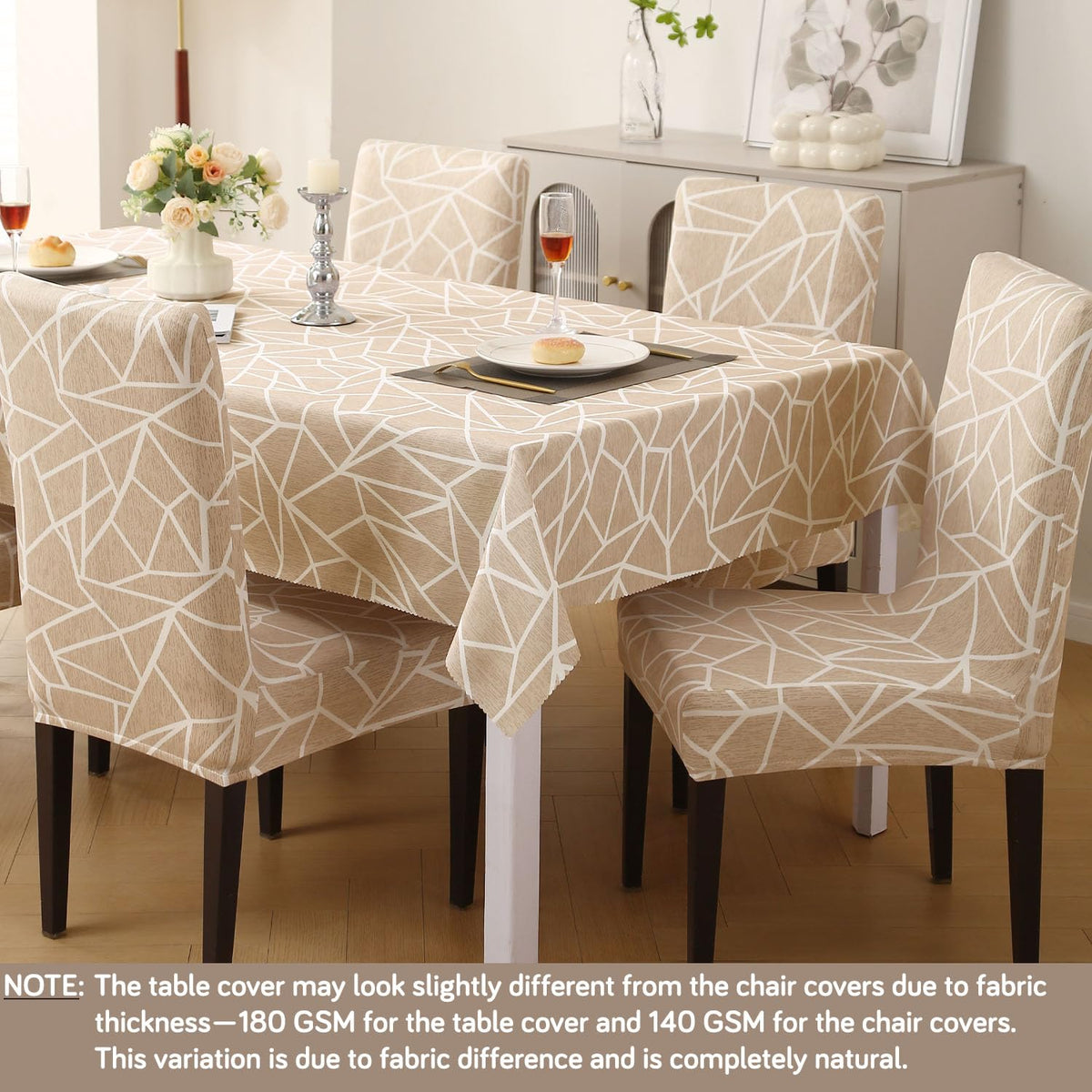 Elastic Dining Chair Covers with Matching Tablecloth, Beige Abstract Geometry
