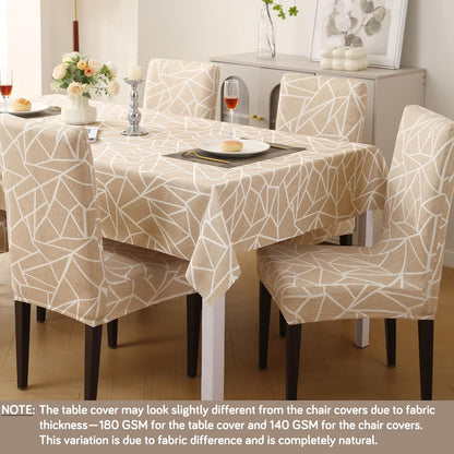 Elastic Dining Chair Covers with Matching Tablecloth, Beige Abstract Geometry