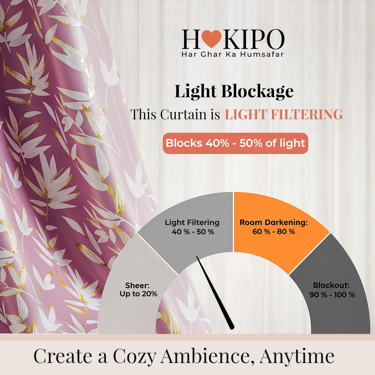 HOKIPO Luxe Foliage Foil Printed Curtains, 7 Feet Long - Onion Pink - image 5