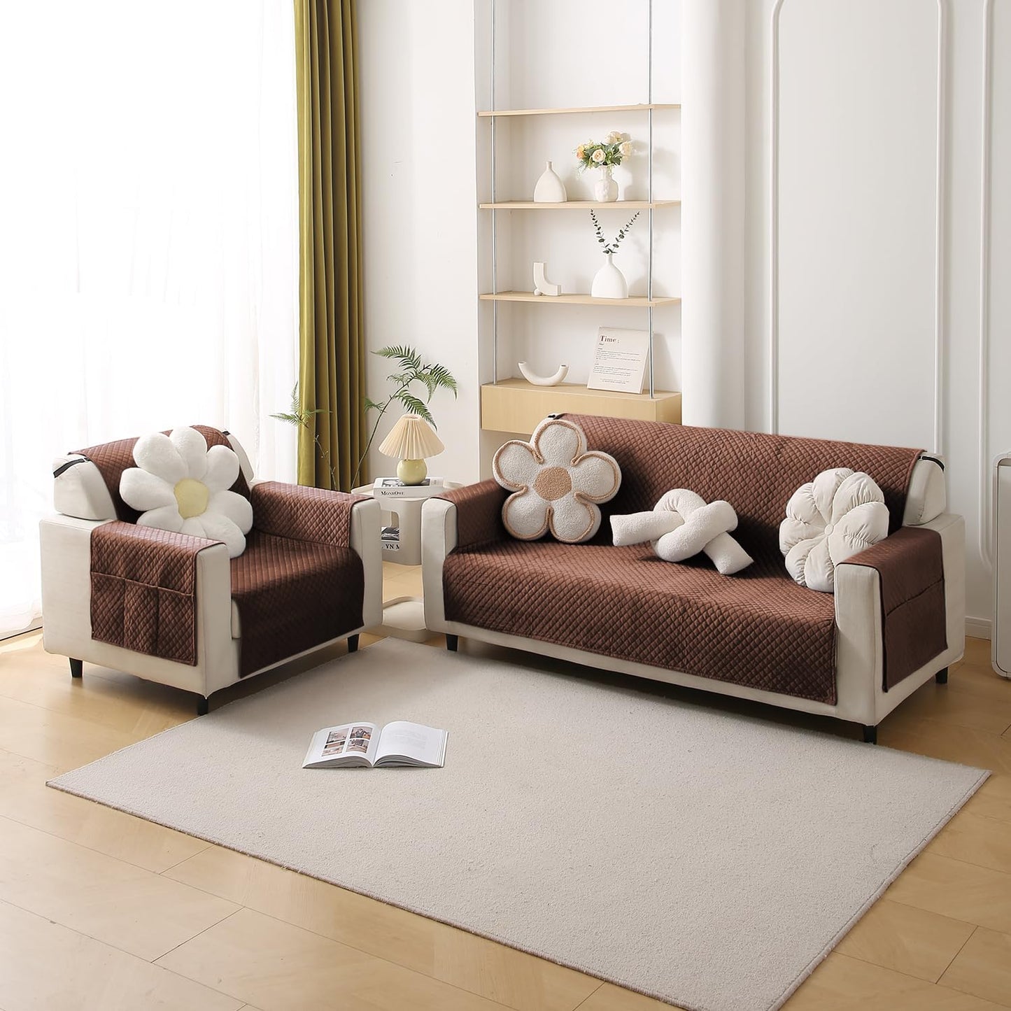Quilted Velvet Sofa Cover Mat with Side Pockets, Pet Friendly, Russet Brown