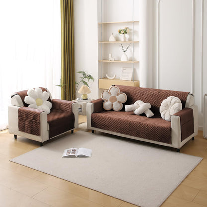 Quilted Velvet Sofa Cover Mat with Side Pockets, Pet Friendly, Russet Brown