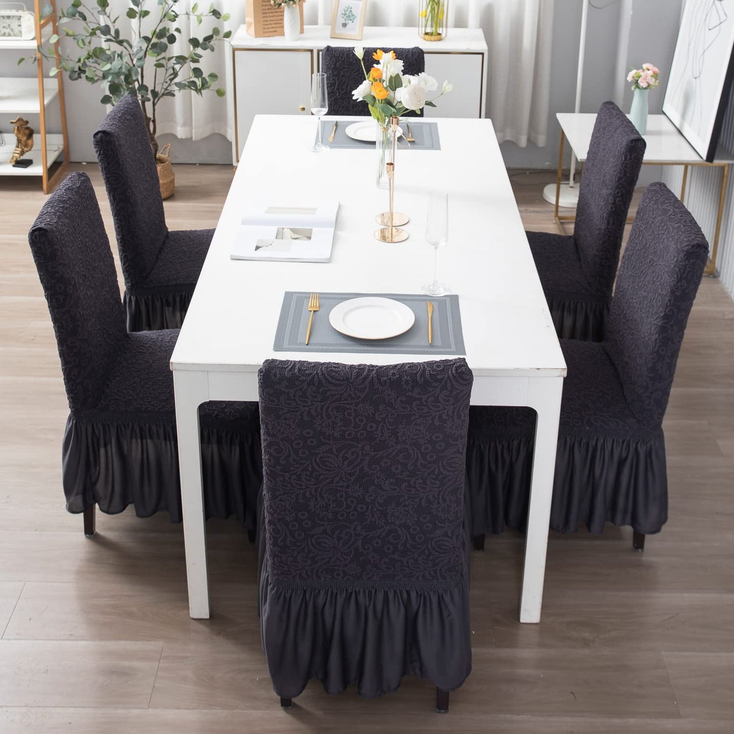 Elastic Stretchable Designer Woven Jacquard Dining Chair Cover with Frill, Abbey Grey