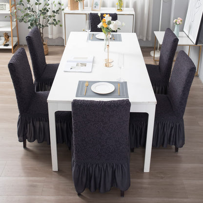 Elastic Stretchable Designer Woven Jacquard Dining Chair Cover with Frill, Abbey Grey