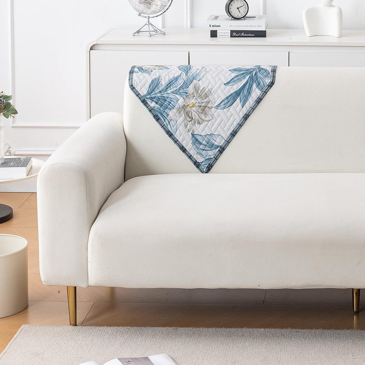 'Homehues' Printed Quilted Sofa Cover Mats, Celadon Blue Camellia