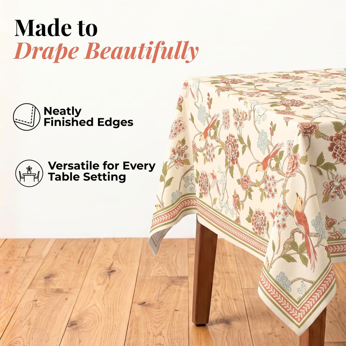 HOKIPO Bird Print 6 Seater Table Cover Cloth, Cream - image 4