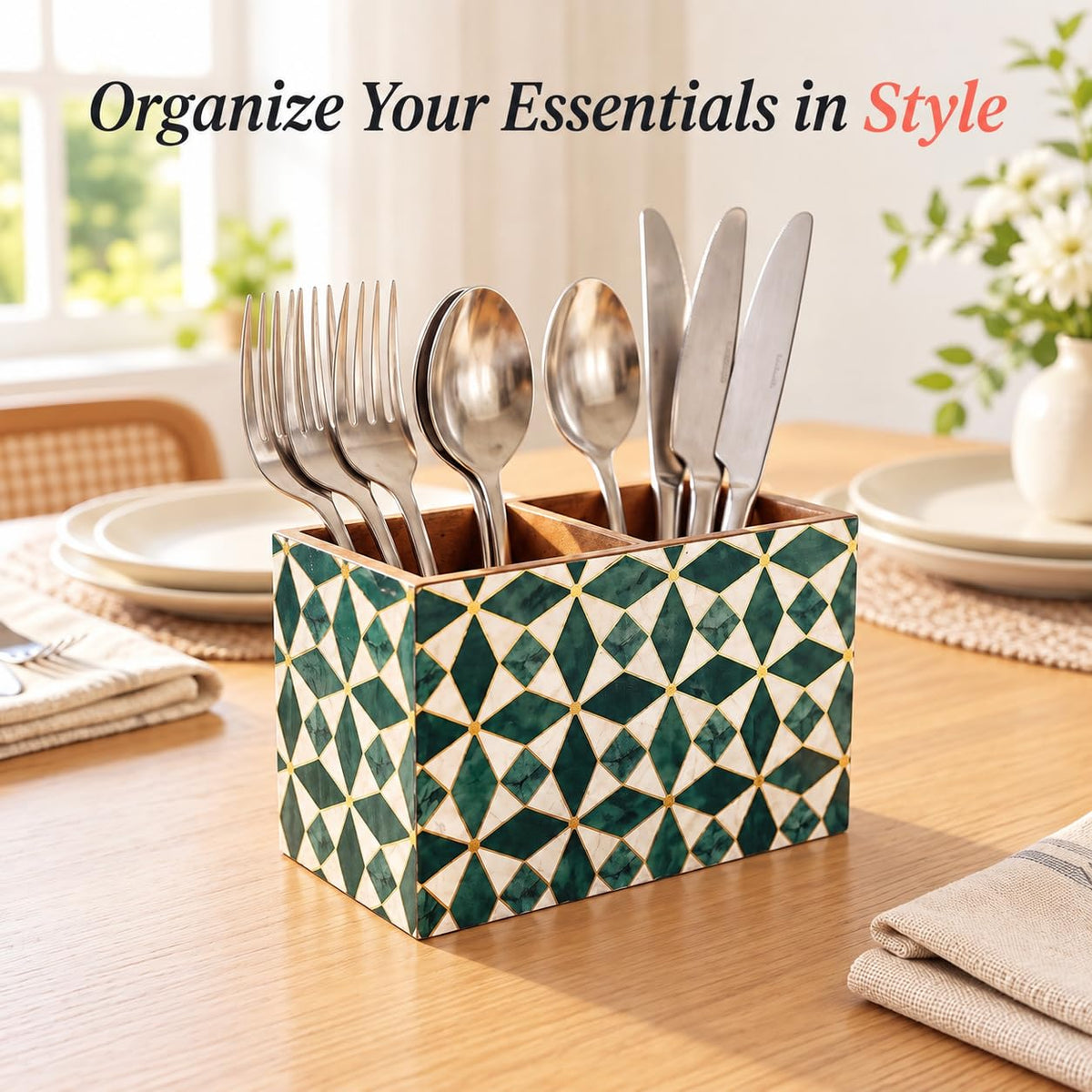 HOKIPO Cutlery Holder for Dining Table, Engineered Wood, Moroccan Prism - image 2