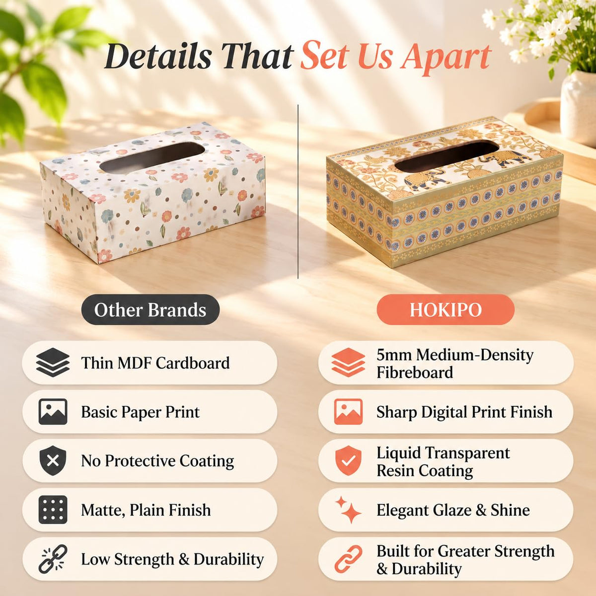 HOKIPO Tissue Box Holder, Rectangle, Engineered Wood, Royal Gulistaan - image 3