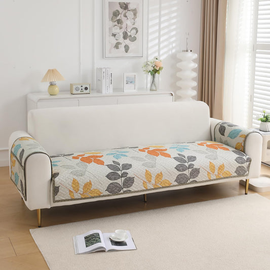 Quilted Sofa Seat Mat for 1/2/3 Seater with 2 Armrest Covers with Pockets, Multicolor Leaves