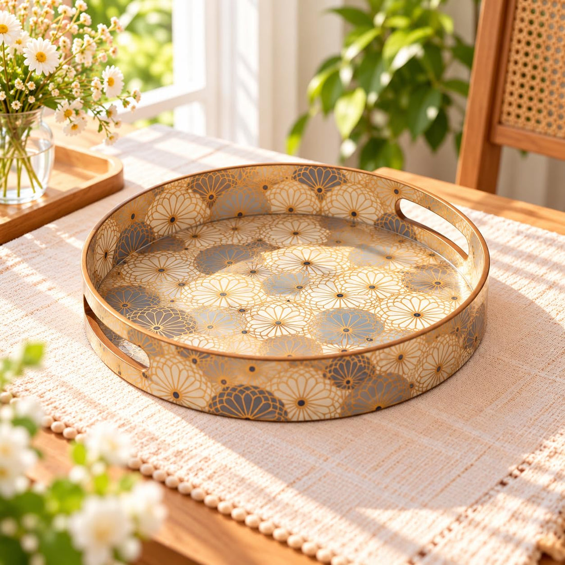 HOKIPO Round Serving Tray 12 in, Engineered Wood, Indigo Flora - image 1