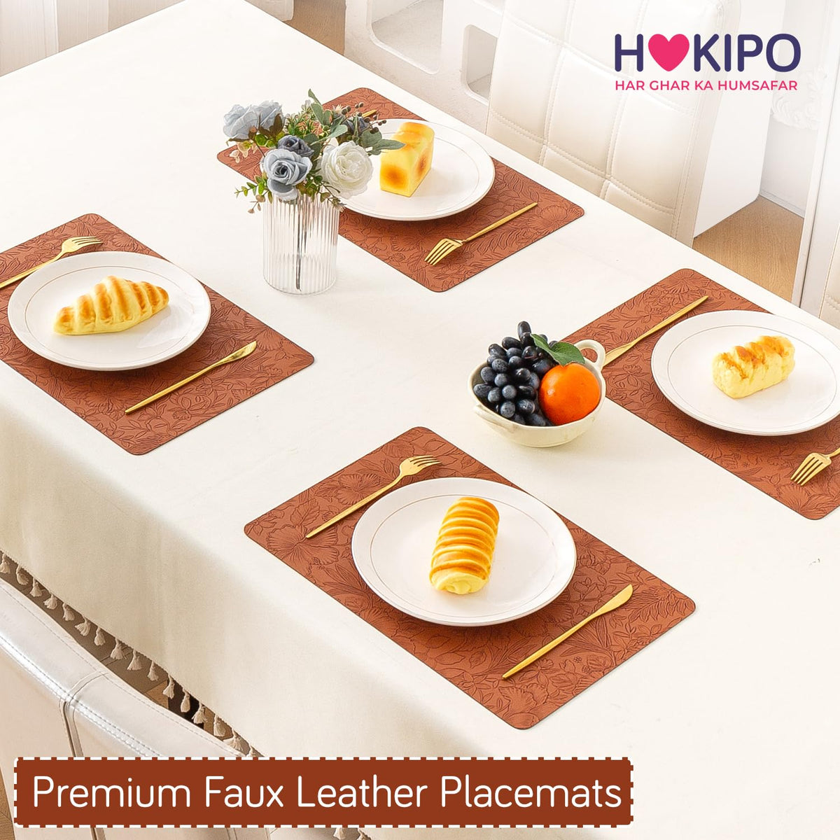 Hibiscus Bloom Washable Leather Mats for Dining Table - Amber Brown
