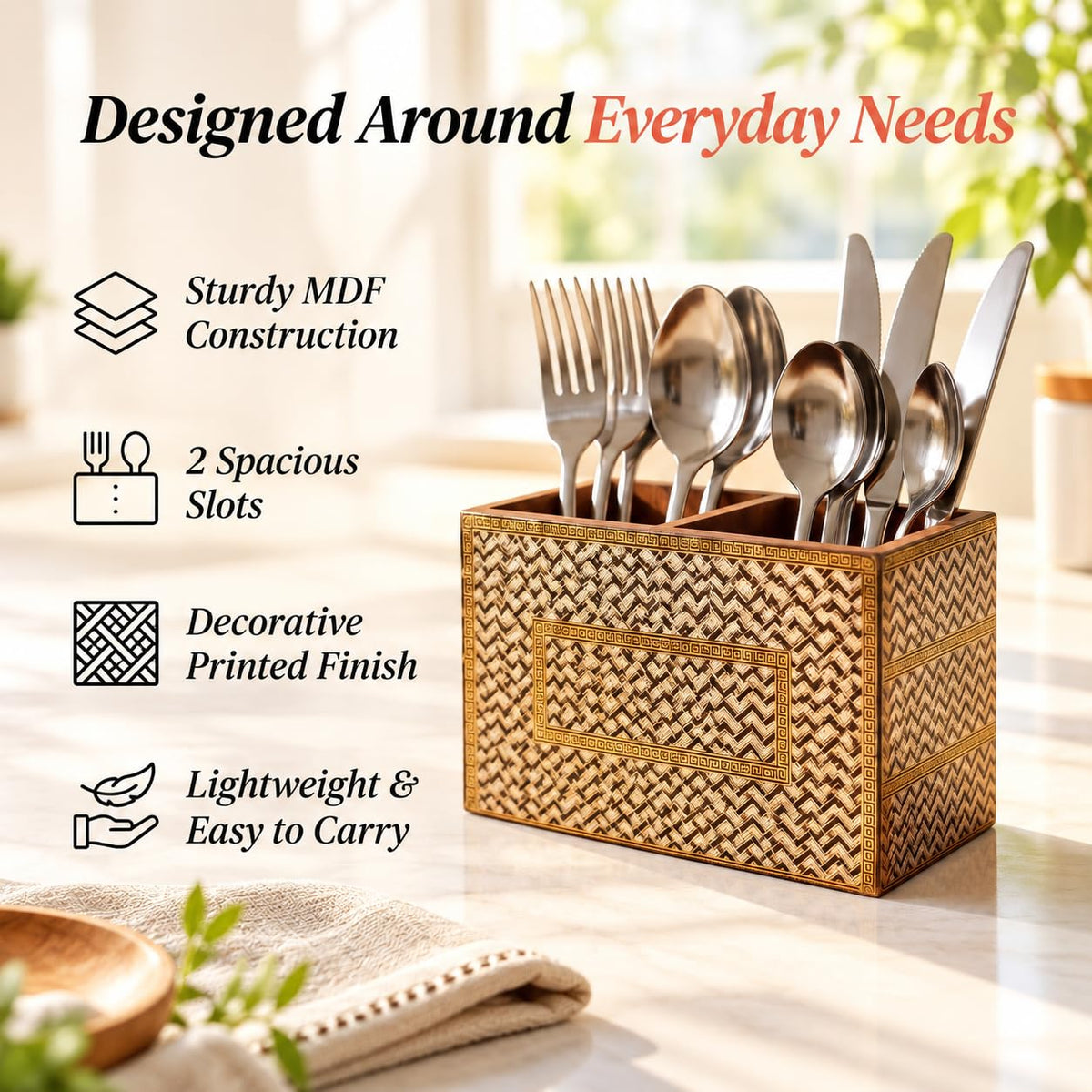 HOKIPO Cutlery Holder for Dining Table, Engineered Wood, Noir Chevron - image 8