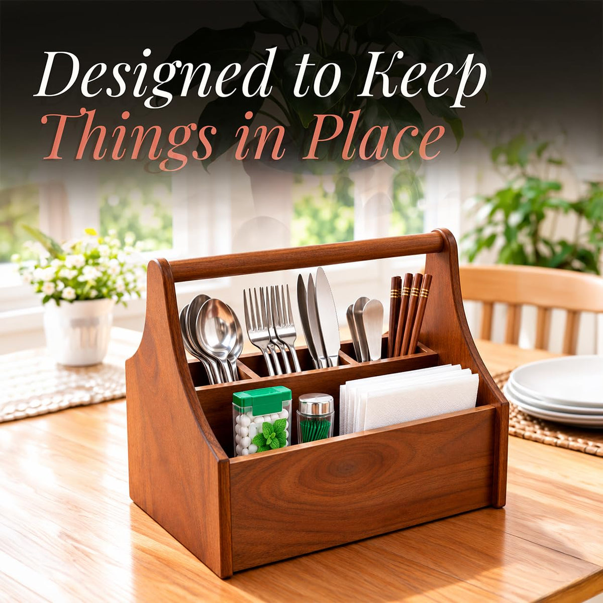 HOKIPO Arbor Acacia Wood Cutlery Caddy with Handle, 4 Compartment Organiser - image 2