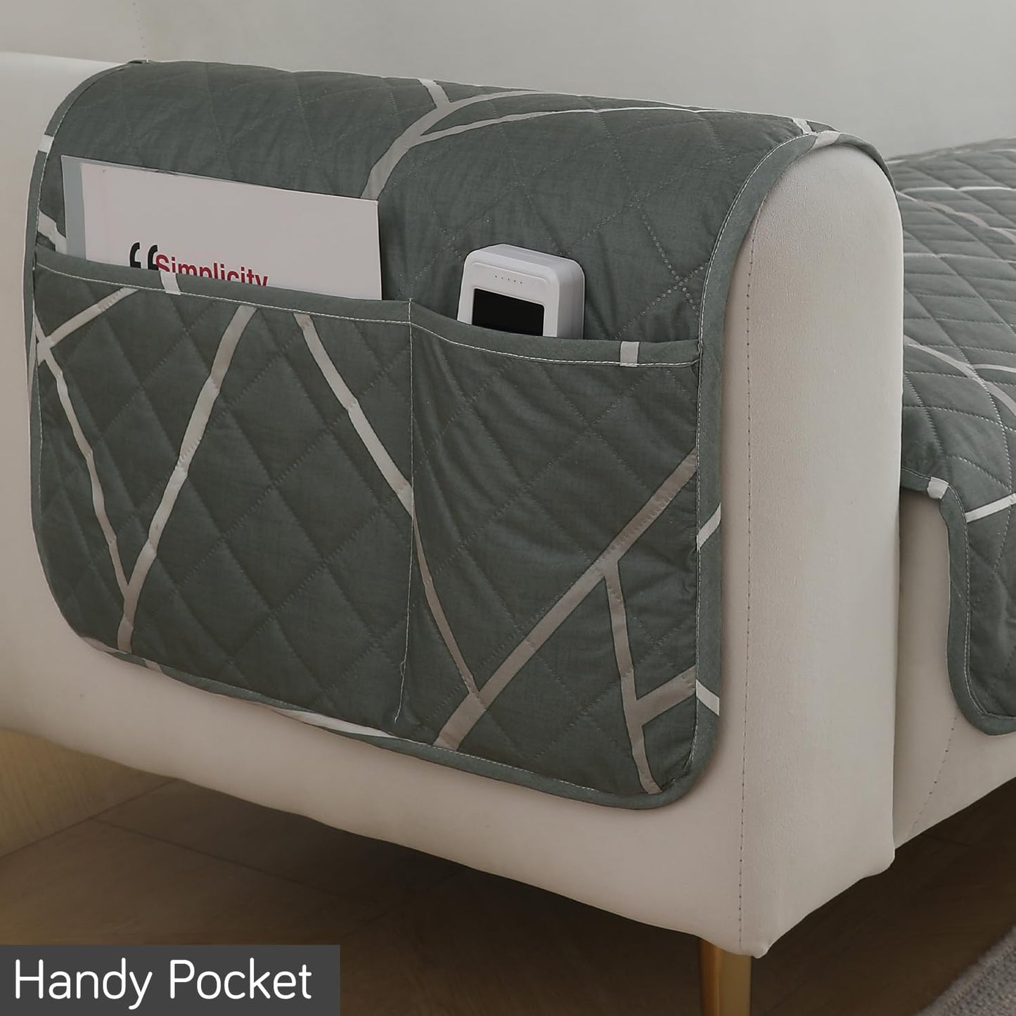 HOKIPO Quilted Waterproof Sofa Seat Mat with 2 Armrest Covers with Pockets, Abstract Geometric Shadow Grey