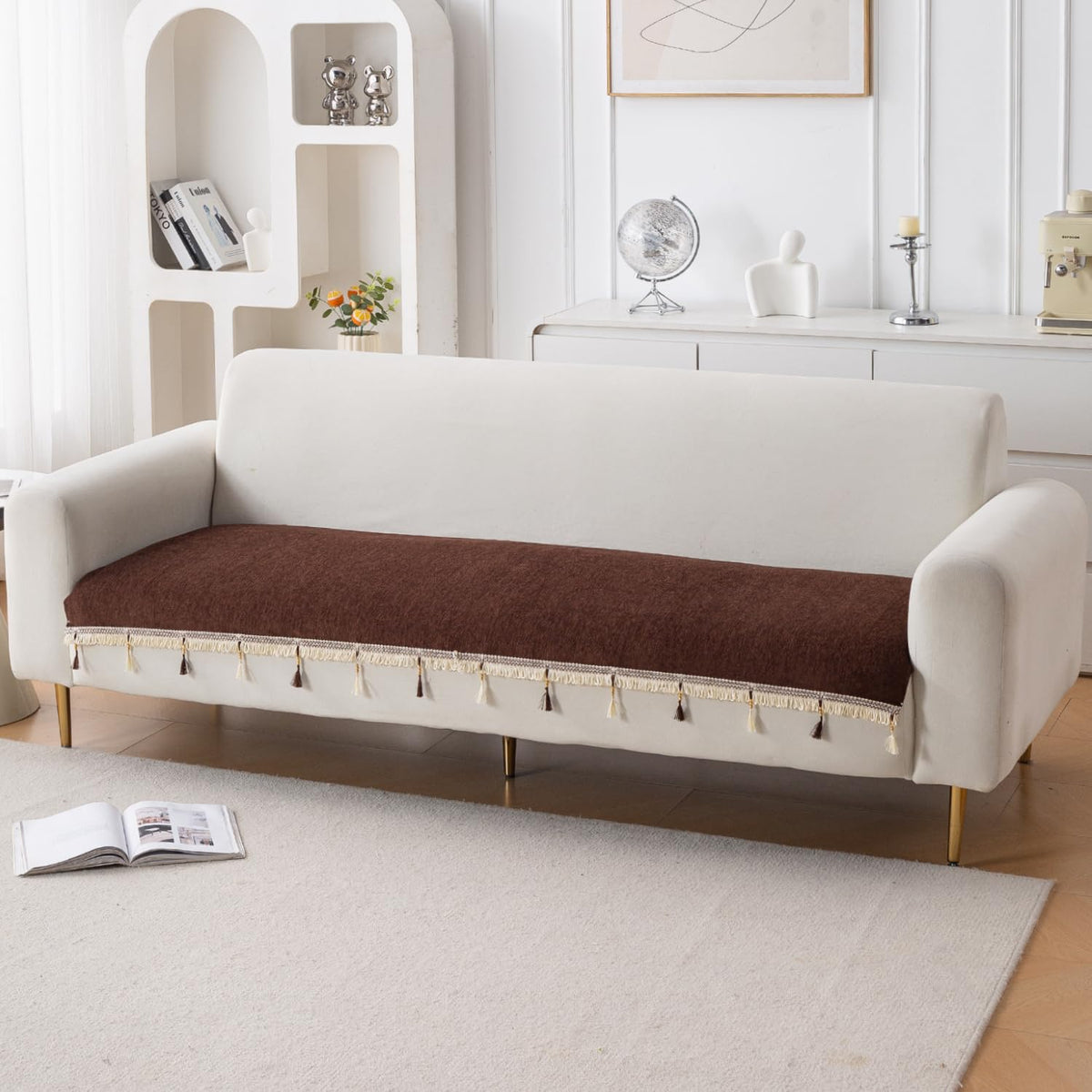 Serenity Tassel Chenille Sofa Cover with Tassel – Chestnut Luxe