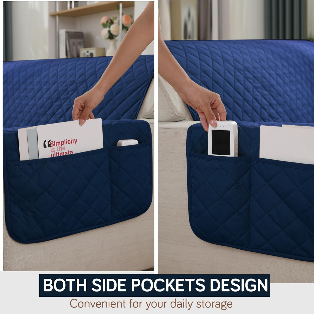 Navy Blue Colour Quilted Waterproof Sofa Cover Set with Handy Side Pockets