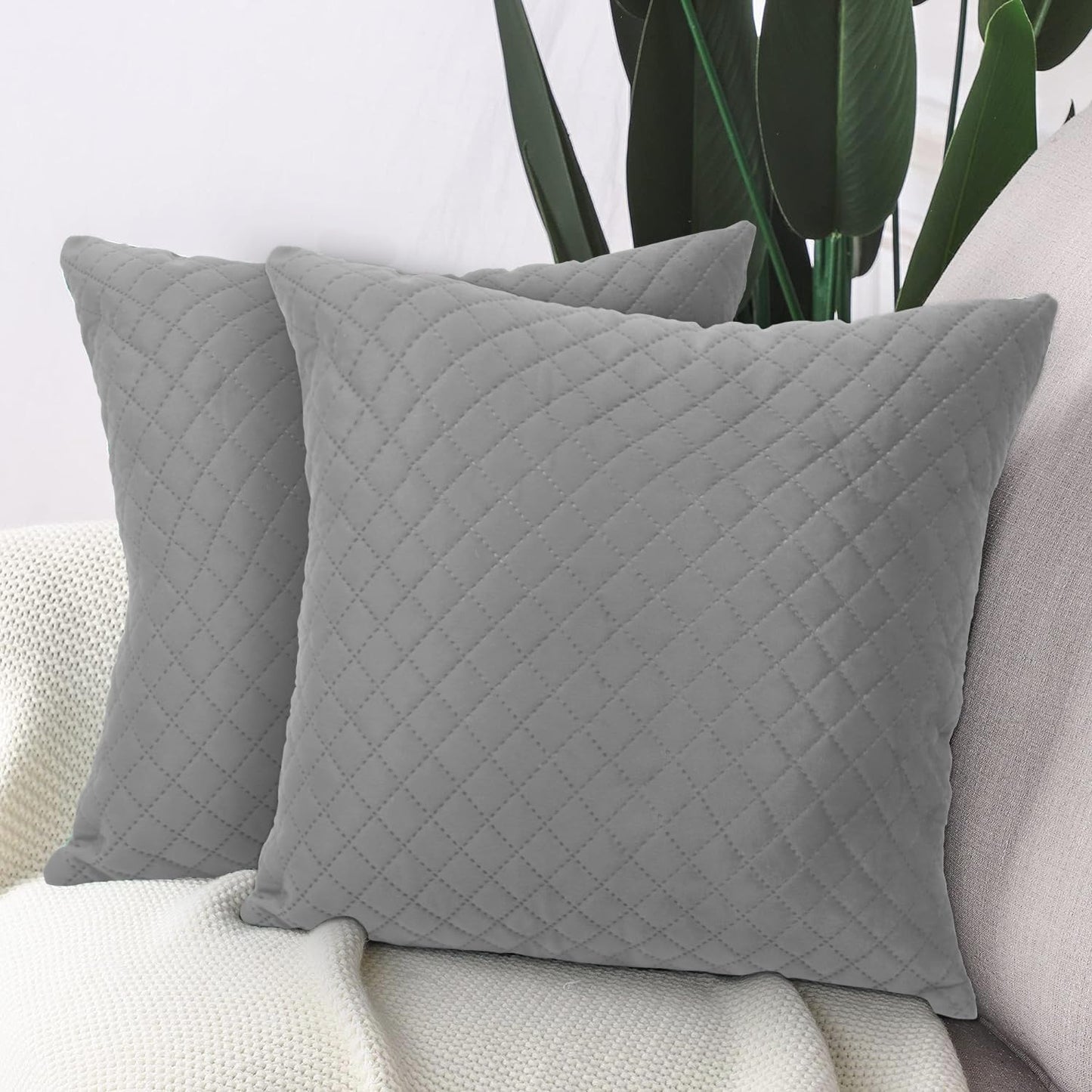 HOKIPO Quilted Velvet Sofa Cushion Cover Pack of 2, Fossil Grey