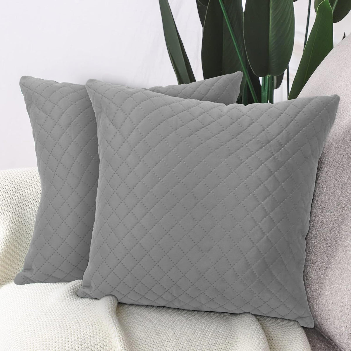 Buy Stylish Fossil Grey colour Zippered Square Quilted Velvet Pillow Covers