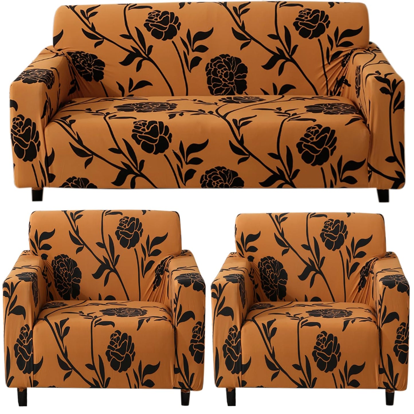 Elastic Stretchable Printed 140gsm Fully Covered Sofa Cover, Copper Brown Floral