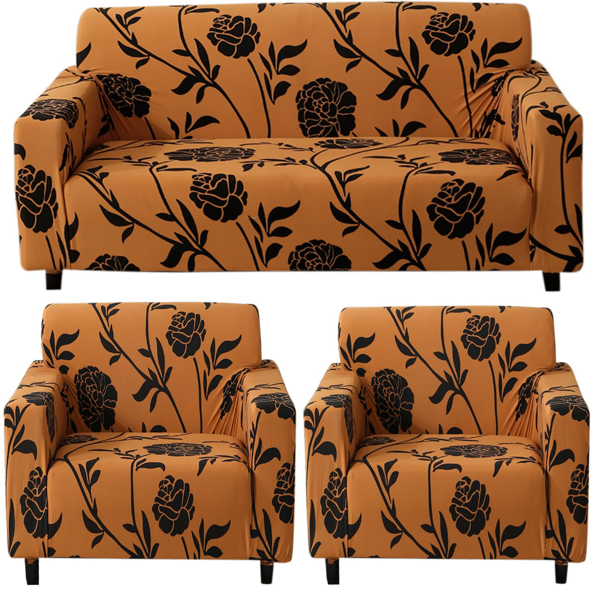 Elastic Stretchable Printed 140gsm Fully Covered Sofa Cover, Copper Brown Floral