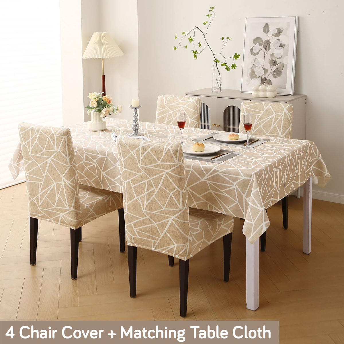 Elastic Dining Chair Covers with Matching Tablecloth, Beige Abstract Geometry