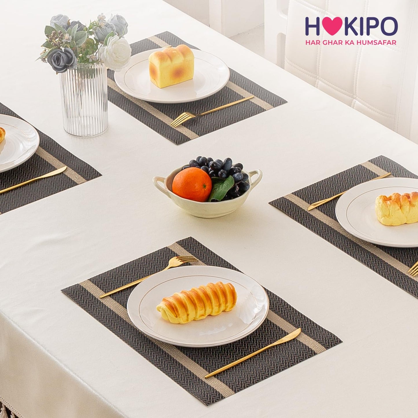 Chevron Stripes PVC Mats for Dining Table - Ebony Black