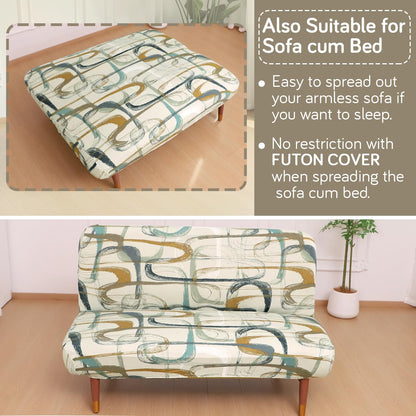 Elira Series Stretchable Elastic Armless Sofa Cover – 140 GSM, Futon Slipcover, Easy Fit, Parchement Beige Abstract Art