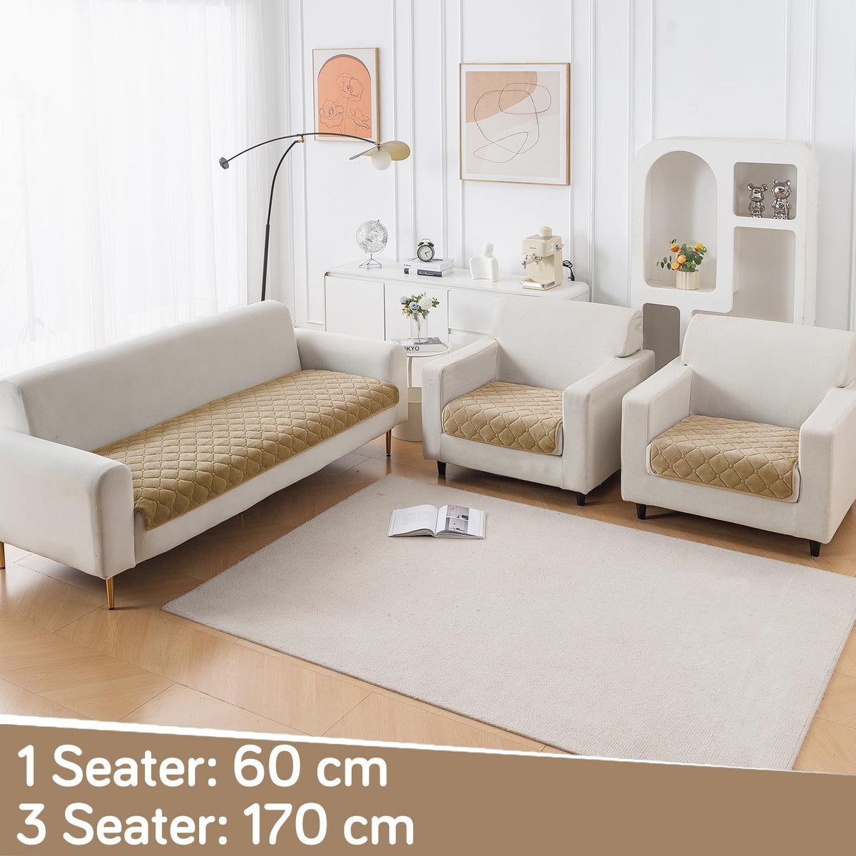 Diamond Tuft Quilted 5-Seater Sofa Mat (3+1+1), Anti-Slip, Sand Beige