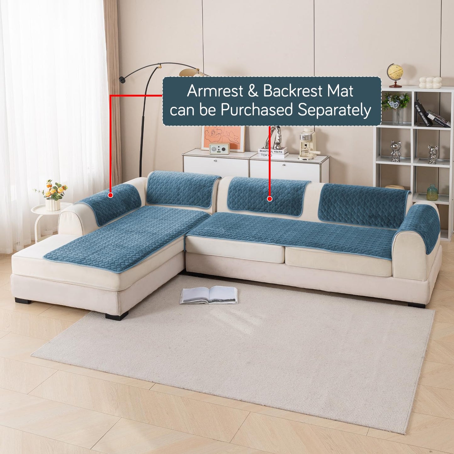 Diamond Plush Premium Quilted L Shape Sofa Cover Seat Mat, Blue