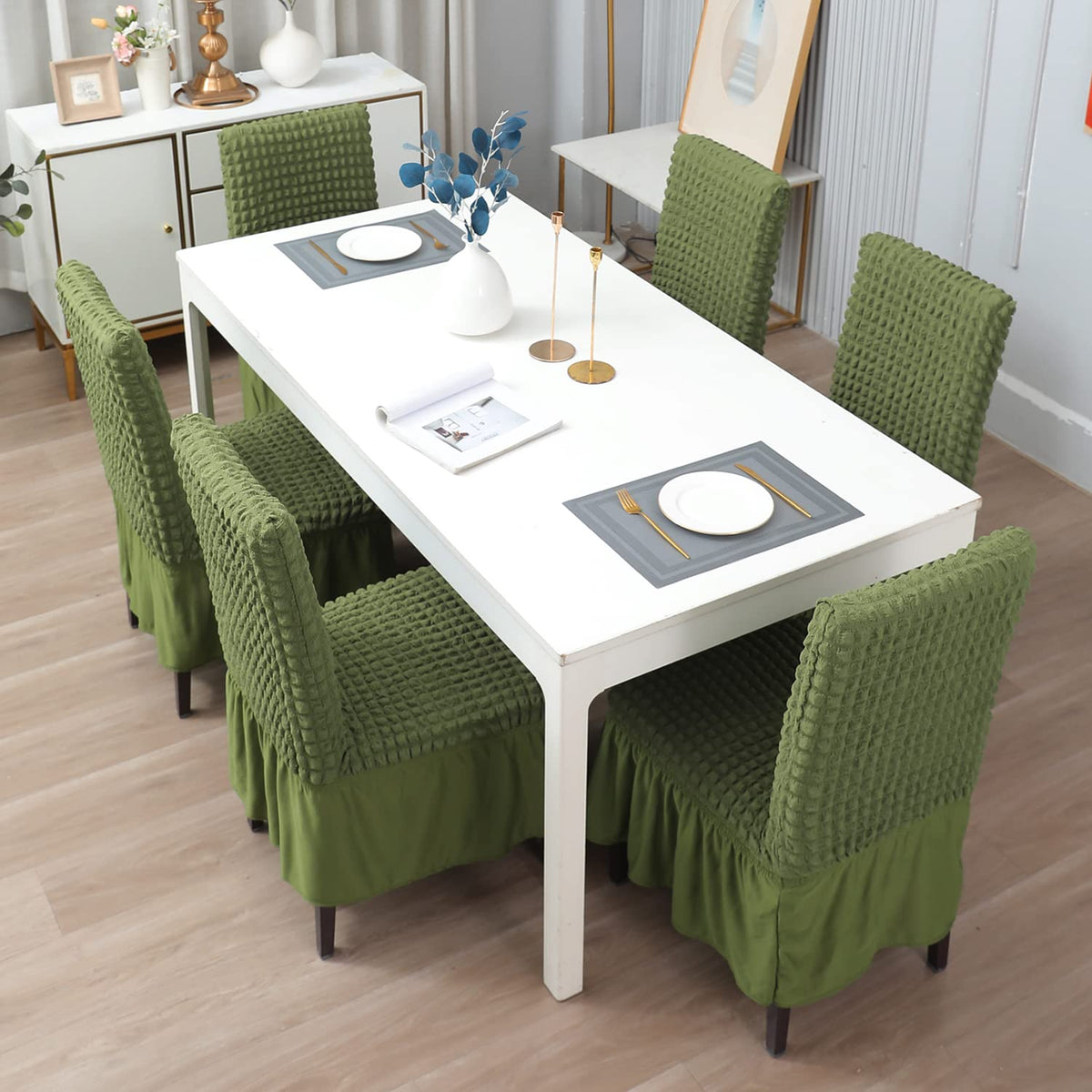 Elastic Stretchable 280 GSM Bubble Dining Chair Cover with Frill, Forest Green