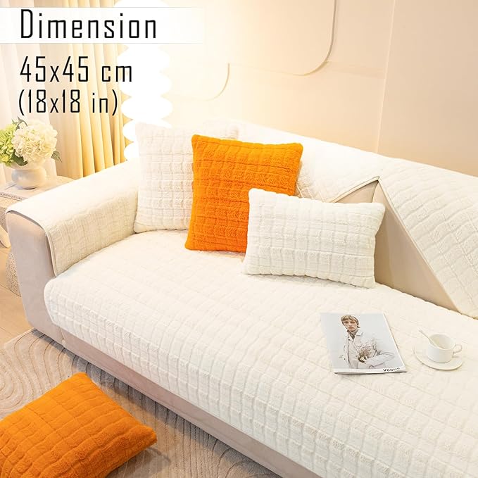 Premium Plush Sofa Cover Mat with 2 Armrest Cover and Cushion Cover, White