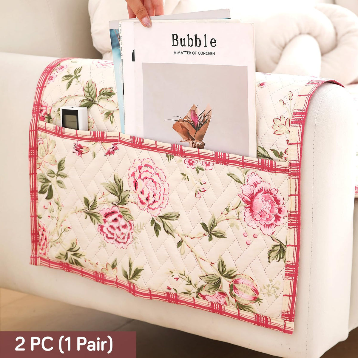 'Homehues' Printed Quilted Sofa Cover Mats, Beige Peonies