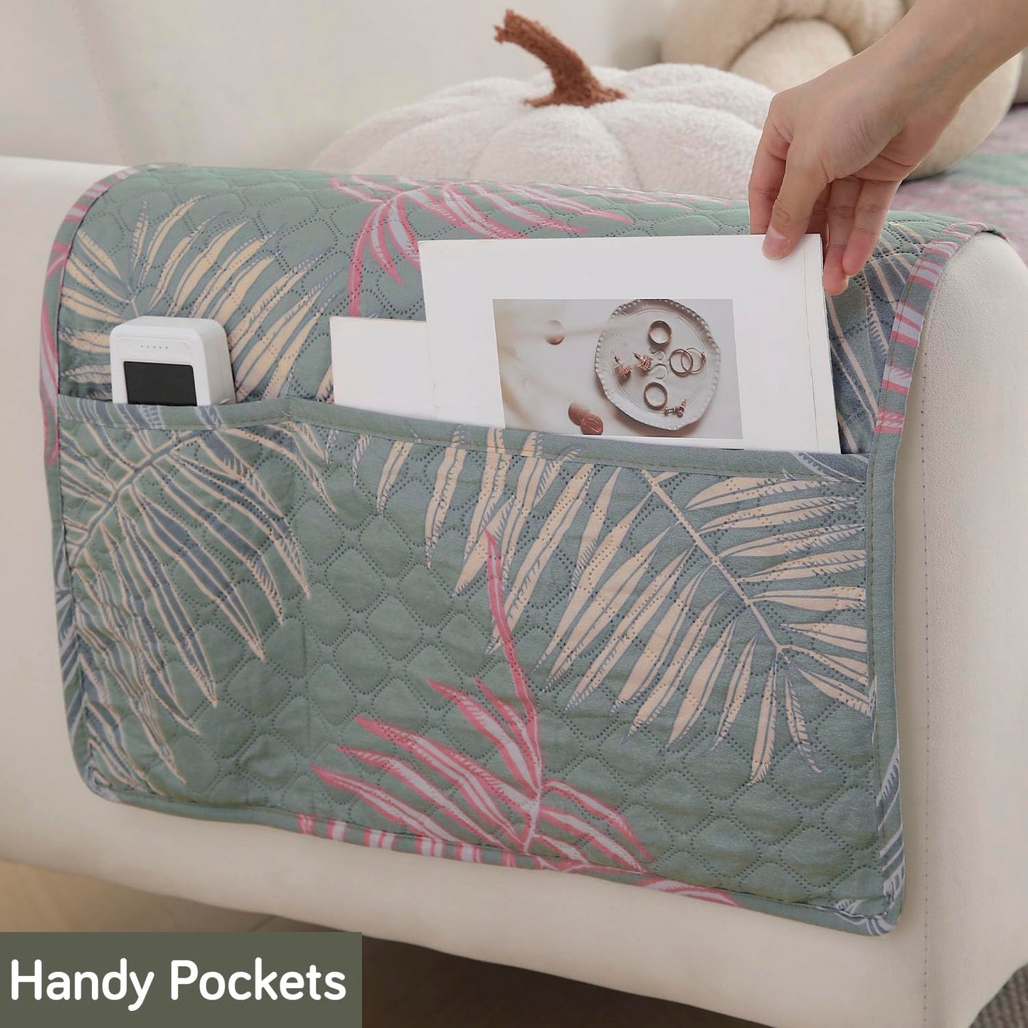 Polyester Printed Quilted Sofa Cover Mats, Tropical Leaves Pastel Green