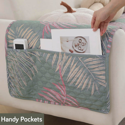 Polyester Printed Quilted Sofa Cover Mats, Tropical Leaves Pastel Green
