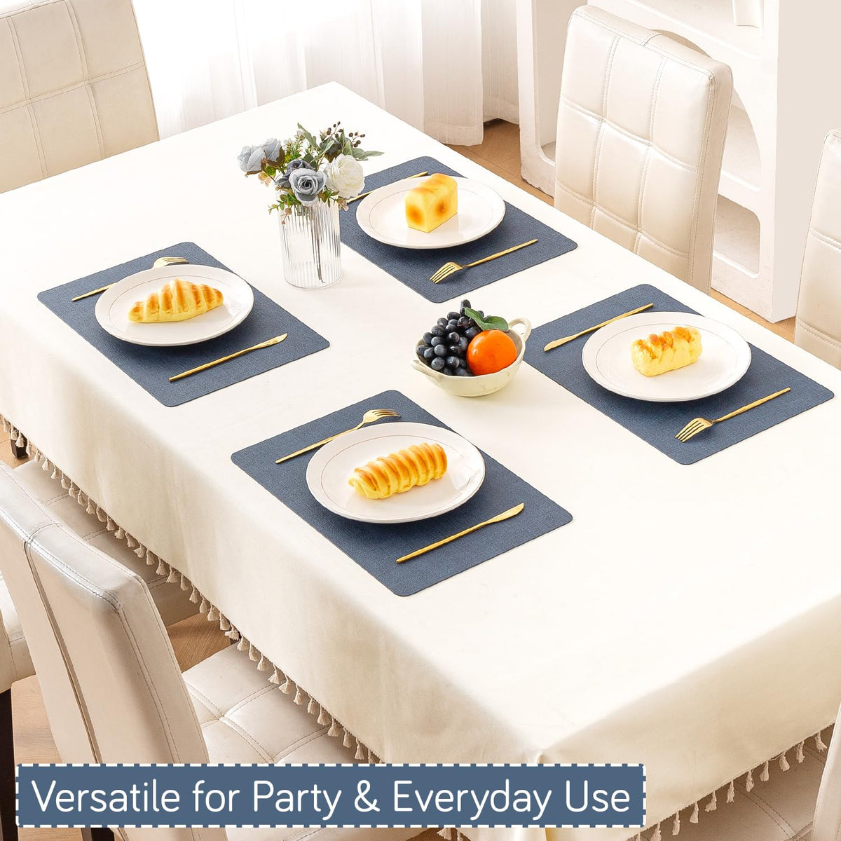Modern Weaves Royal Luxe Faux Leather Mats for Dining Table - Navy Blue