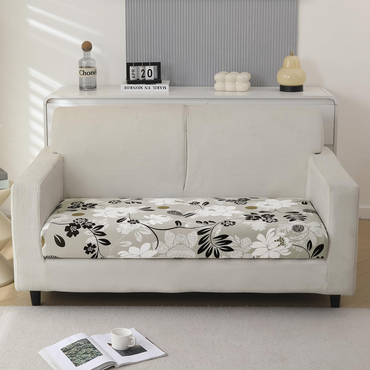 140 GSM Stretchable Printed Elastic Sofa Cushion Seat Cover for 1 /2 /3 Seaters / Pieces for Sofa, Feather Brown Floral