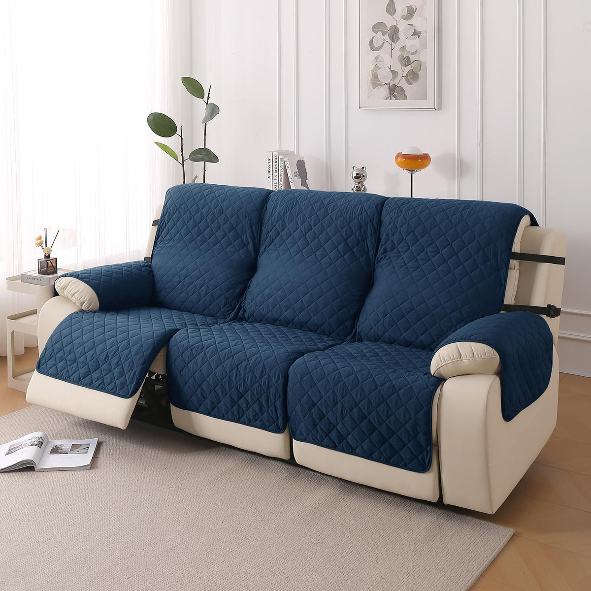 UrbanQuilt Recliner Sofa Slipcover Mat with Dual Belt for 1/2/3 Seater - Navy Blue