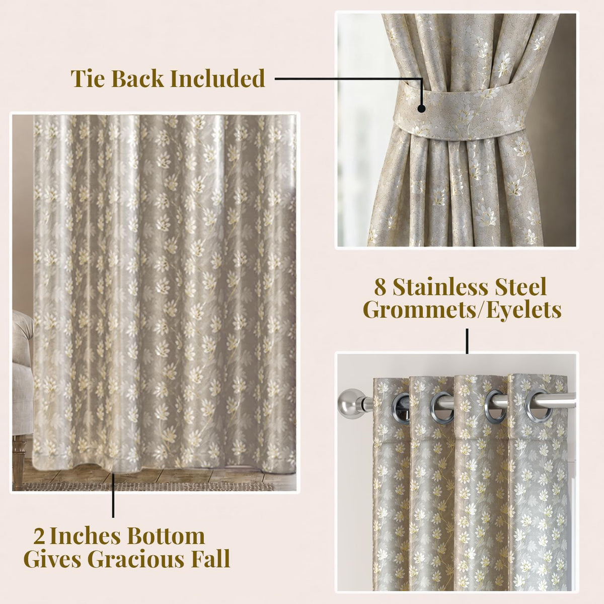 HOKIPO Vogue Shine Eyelet Curtains, 7 Feet Long - Classic Taupe - image 4