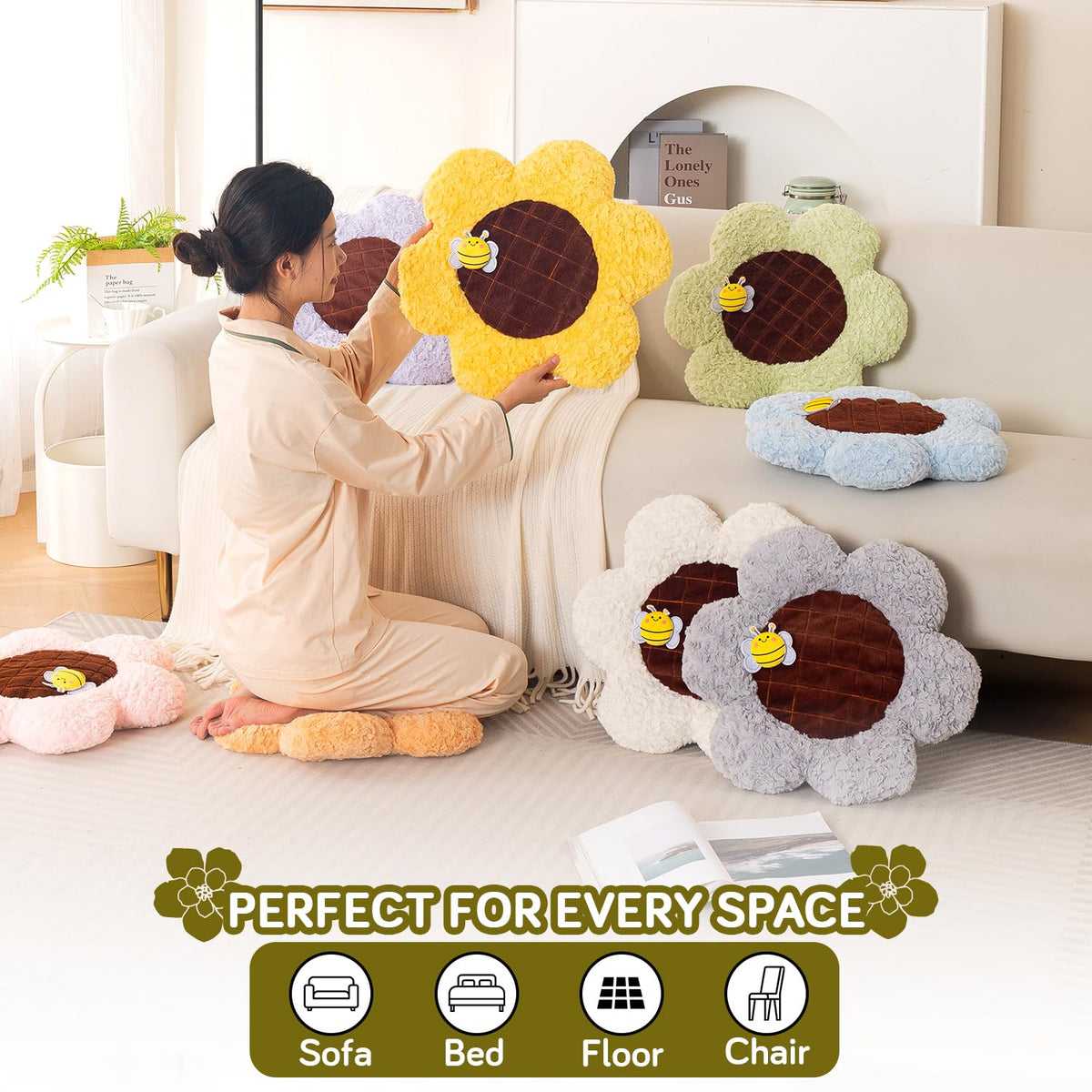 HOKIPO Sunflower Bee Cushion for Sofa & Bed, 50 cm, Green