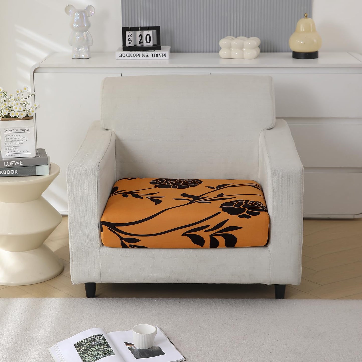 Stretchable 140gsm Printed Seat Couch Cushion Cover for 1/2/3 Seaters / Pieces for Sofa, Copper Brown Floral