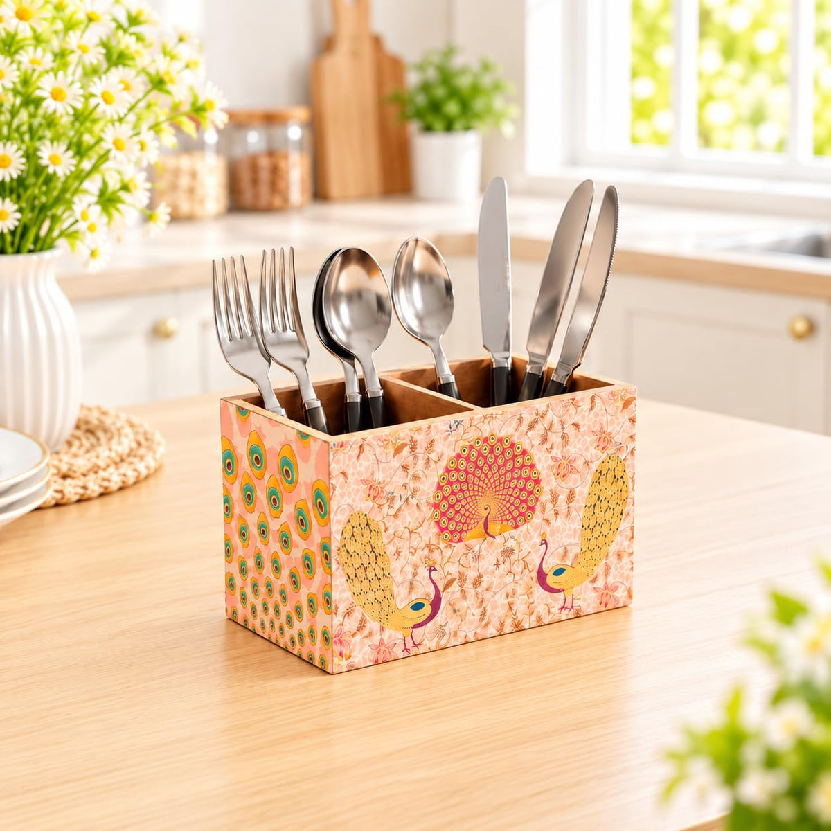 HOKIPO Cutlery Holder for Dining Table, Engineered Wood, Indigo Flora - image 10