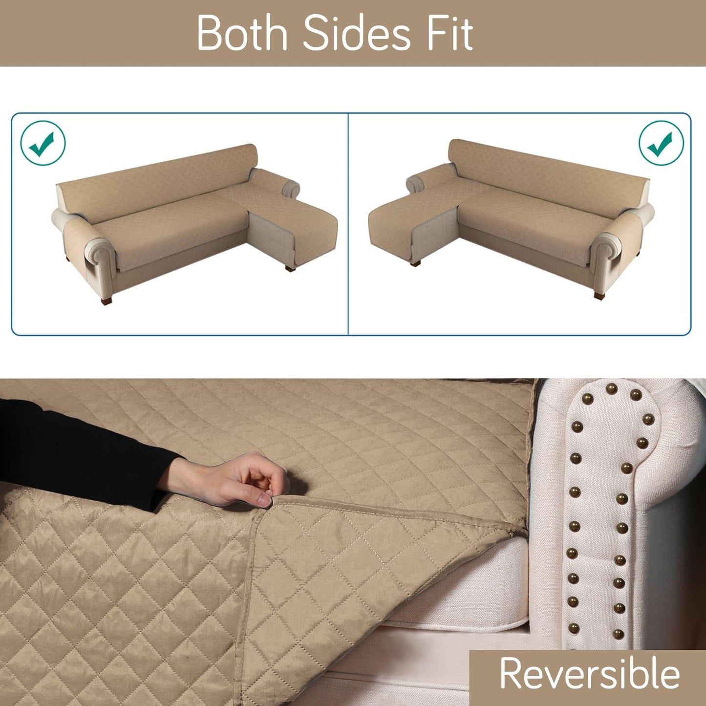 HOKIPO Quilted Reversible One Piece L Shape 4/5/6 Seater Sofa Cover Mat, Camel