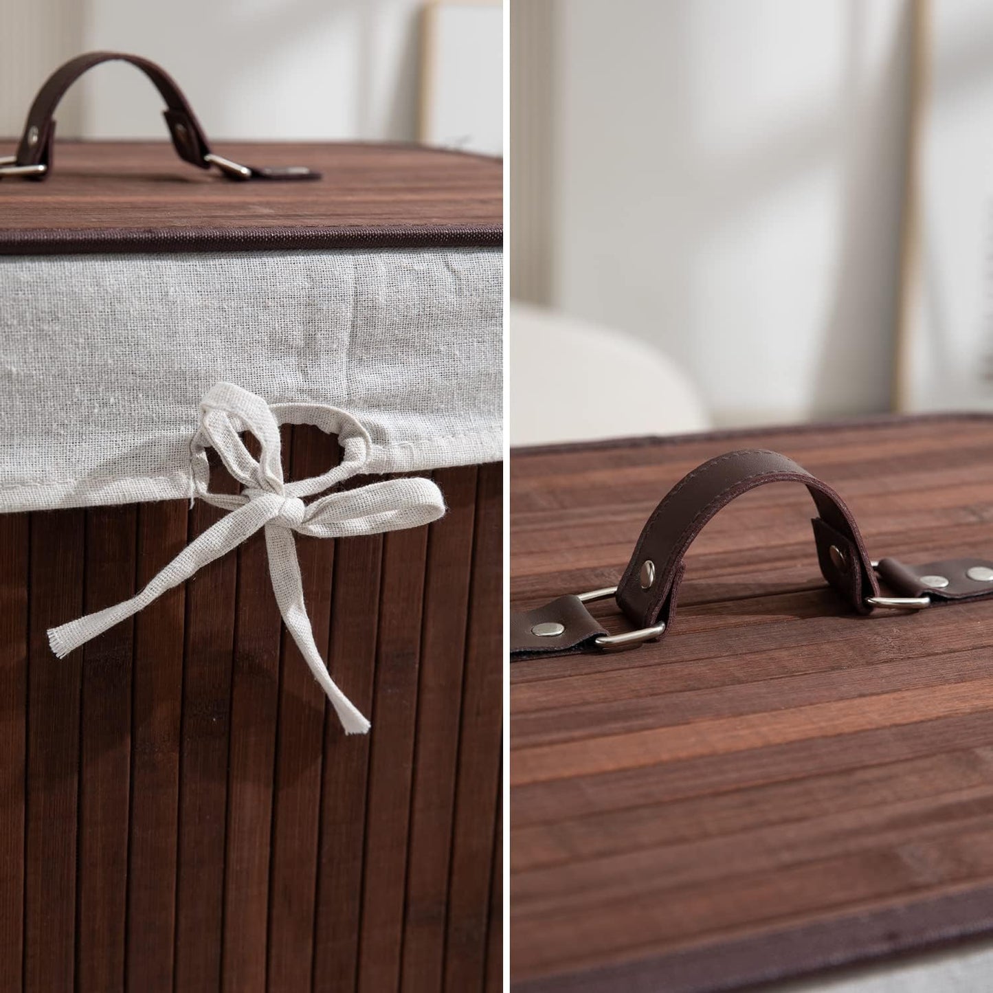 Eco-Friendly Foldable Bamboo Laundry Basket Hamper with Lid, Large - 81 Liter, Coffee Brown
