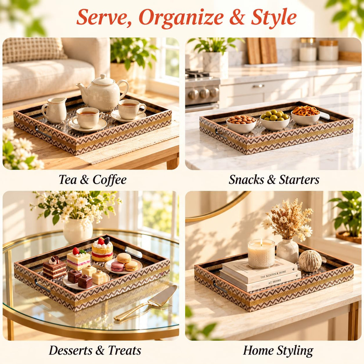 HOKIPO Serving Tray Set of 3, Engineered Wood, Noir Chevron - image 5